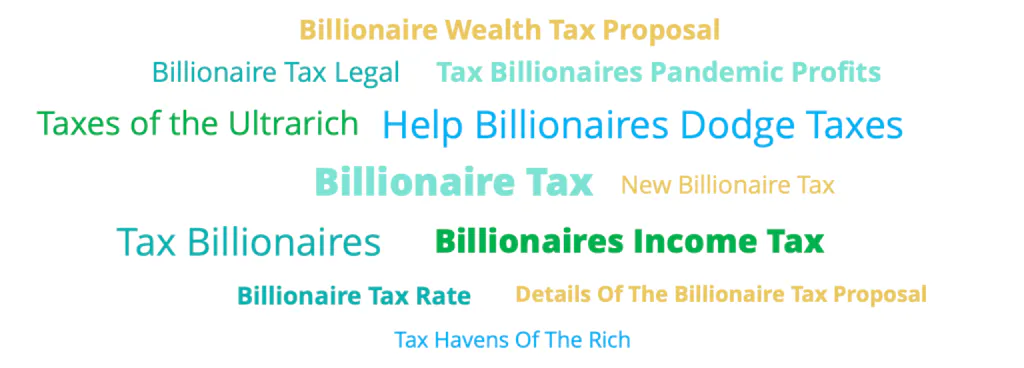 Le parole chiave più ricercate da un pubblico americano di Tax the Rich includono Billionaire Tax, Help Billionaires Dodge Taxes, Taxes of the Ultrarich e altro.