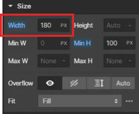 Il campo della larghezza dei pulsanti è impostato a 180 nell'Editor Webflow, gli altri valori non vengono modificati.