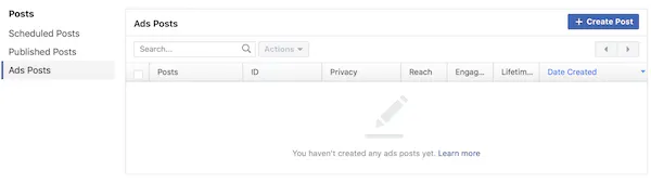 Facebook Ads Manager page Posts