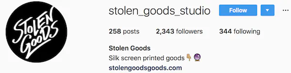 Instagram bio exemples stolen_goods_studio