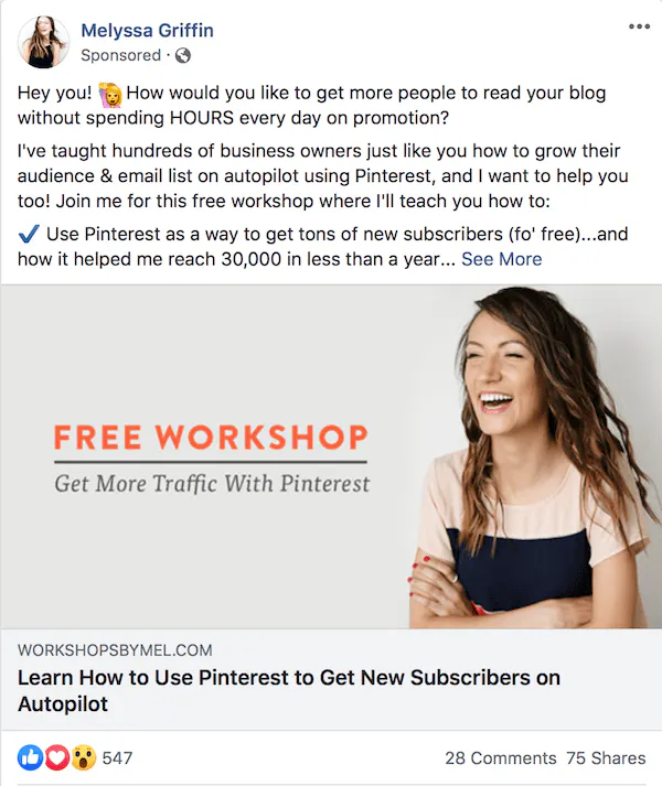 Melissa Griffin Facebook ad example