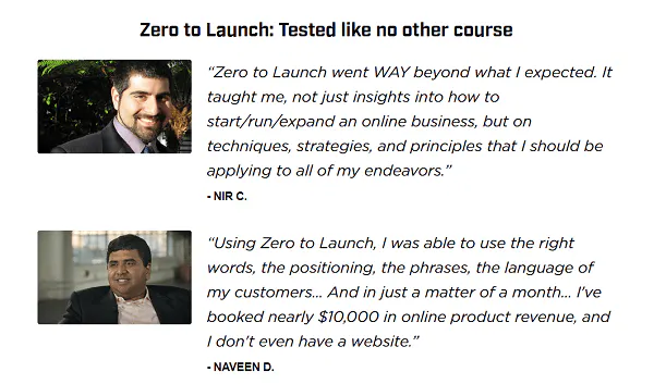 Zero to Launch Angebot Testimonials