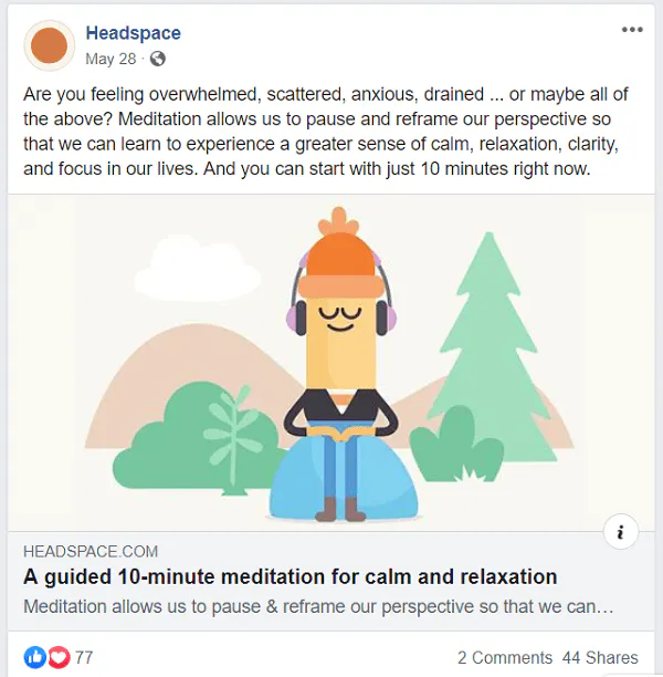 写真やビデオを追加する - Facebookの例では、Headspaceが投稿しています。