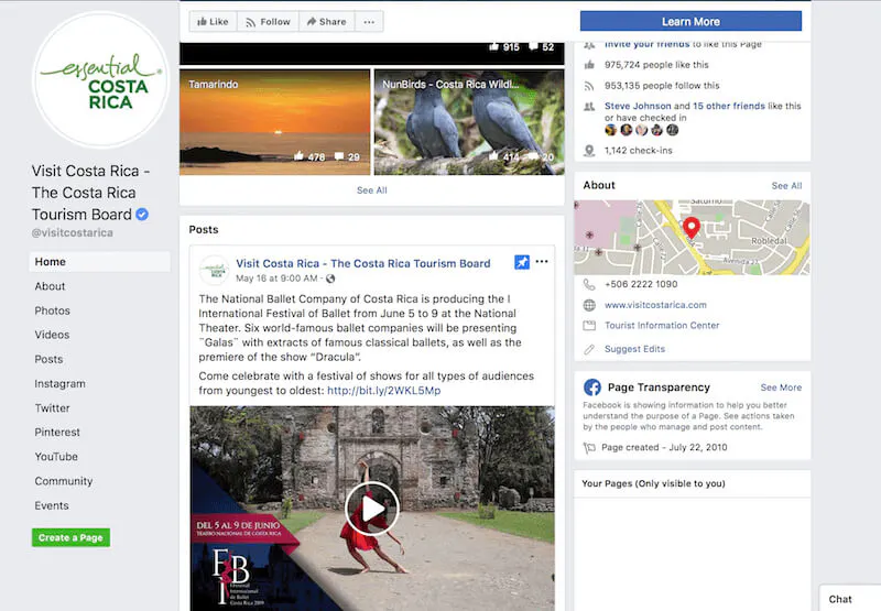 Exemplos de páginas no Facebook Costa Rica Tourism Board