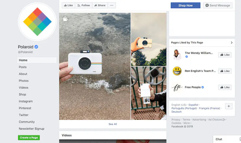 Exemplos de páginas no Facebook Polaroid