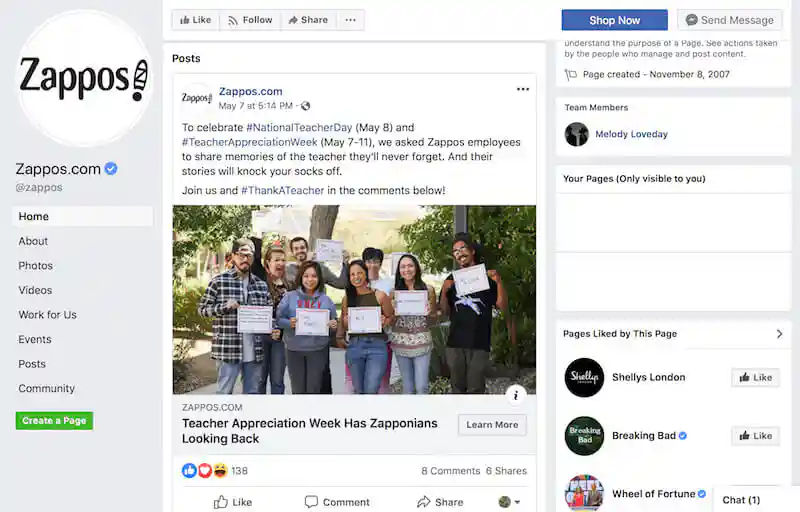 Facebook page examples Zappos