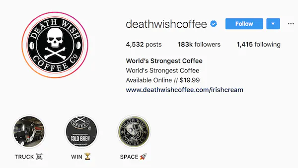 インスタグラムのプロフィール例 deathwishcoffee