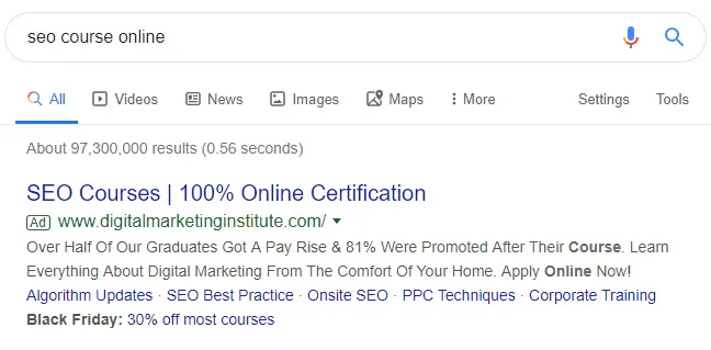 Digital Marketing Institute Google Ad Example