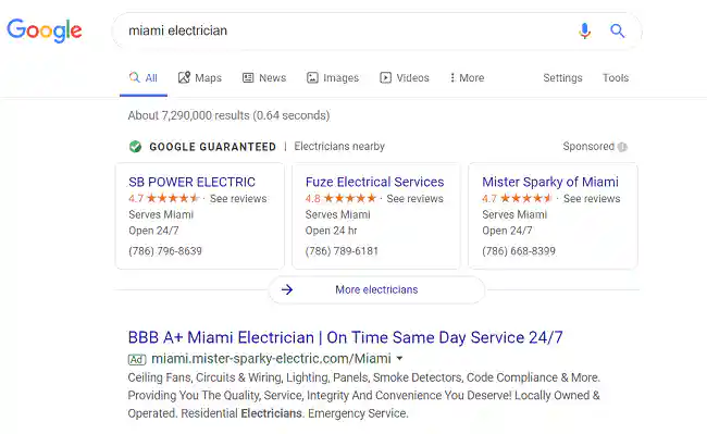 Google Local Services Ads Example - Miami Electricians