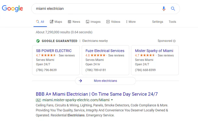 Exemplo de anúncios de serviços locais do Google - Miami Electricians