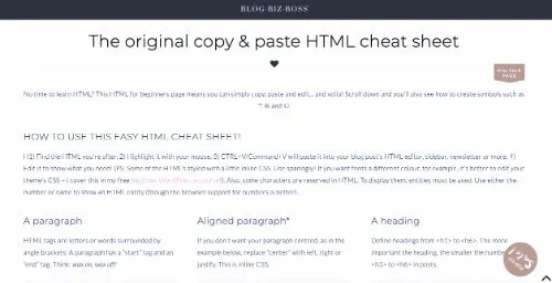Blog Biz Boss - Copy & Paste HTML Cheat Sheet