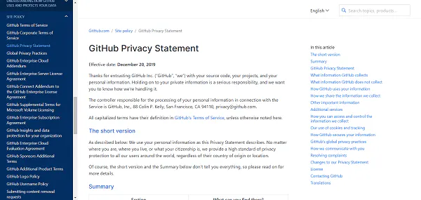 Cómo crear una política de privacidad para su sitio web: Ejemplo de política de privacidad de GitHub