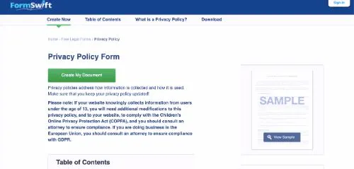 Geradores de Política de Privacidade Grátis: FormSwift