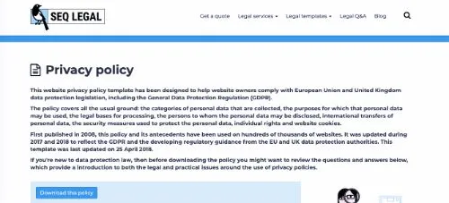 Plantillas de política de privacidad:  SEQ Legal