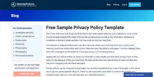 Plantillas de política de privacidad: Políticas del sitio web