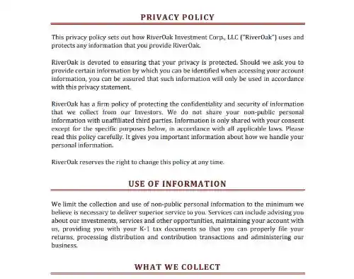 プライバシーポリシーの例。リバーオーク・インベストメント株式会社