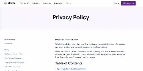 プライバシーポリシーの例。Slack