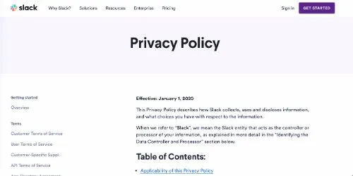 プライバシーポリシーの例。Slack