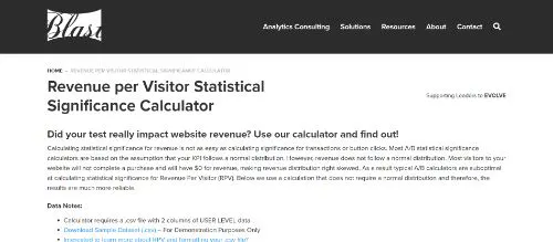 Statistische Berechnung der statistischen Signifikanz der Einnahmen von Blast pro Besucher