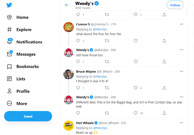 Apoyo de Wendy's en Twitter