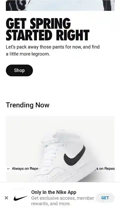 Nike mobile popup