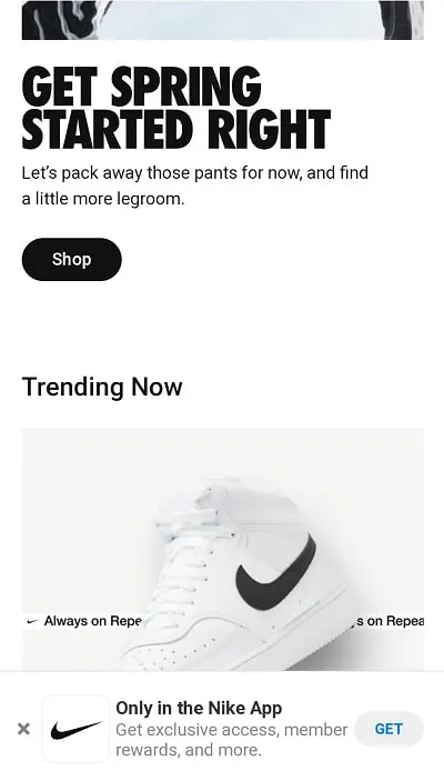 Ventana emergente para móviles de Nike
