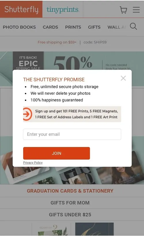 Shutterfly mobiles Popup