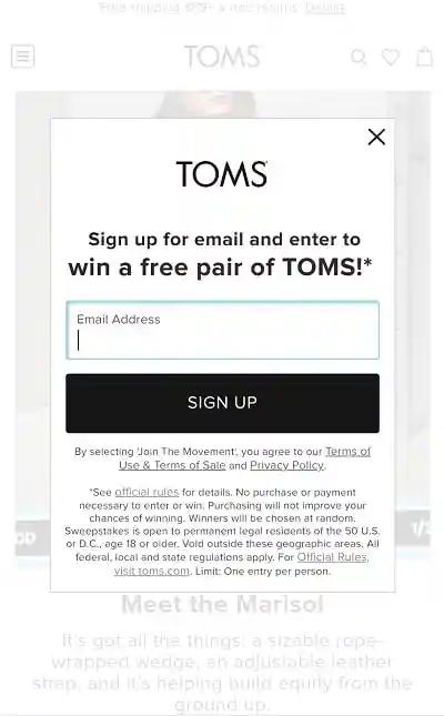 TOMS mobile popup