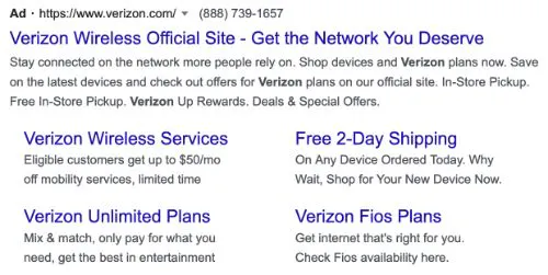 Exemple d'appel à l'action de Verizon