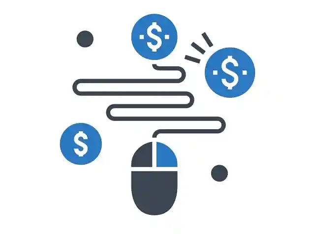 Computer mouse icon with dollar signs; cost per click concept