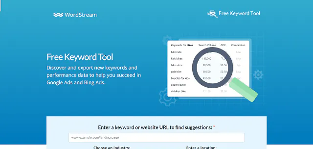 Schermata dello strumento per le parole chiave di WordStream