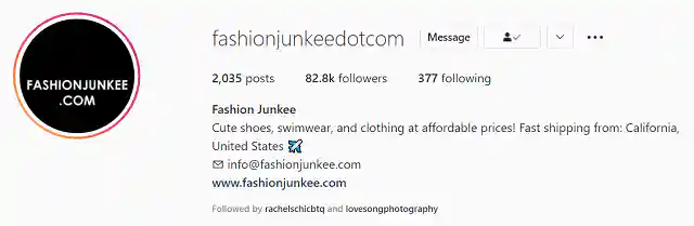 Instagram screenshot of @fashionjunkeedotcom profile image and bio