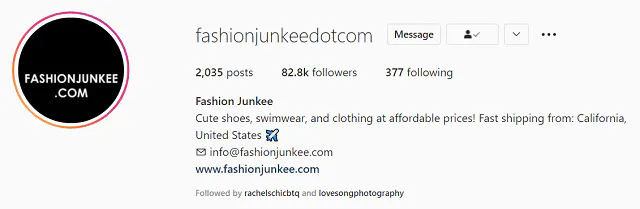 Instagram-Screenshot von @fashionjunkeedotcom Profilbild und Bio