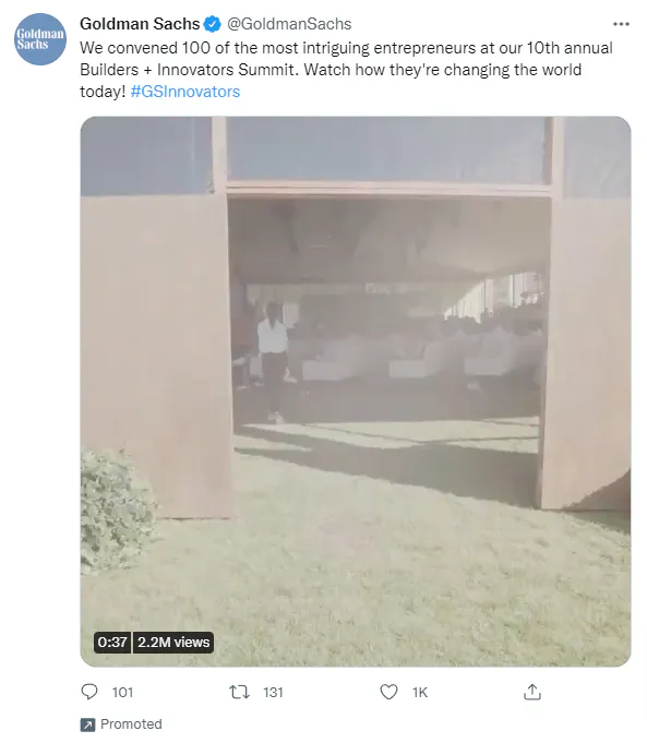 Captura de pantalla de Goldman Sachs en Twitter de una publicación promocionada