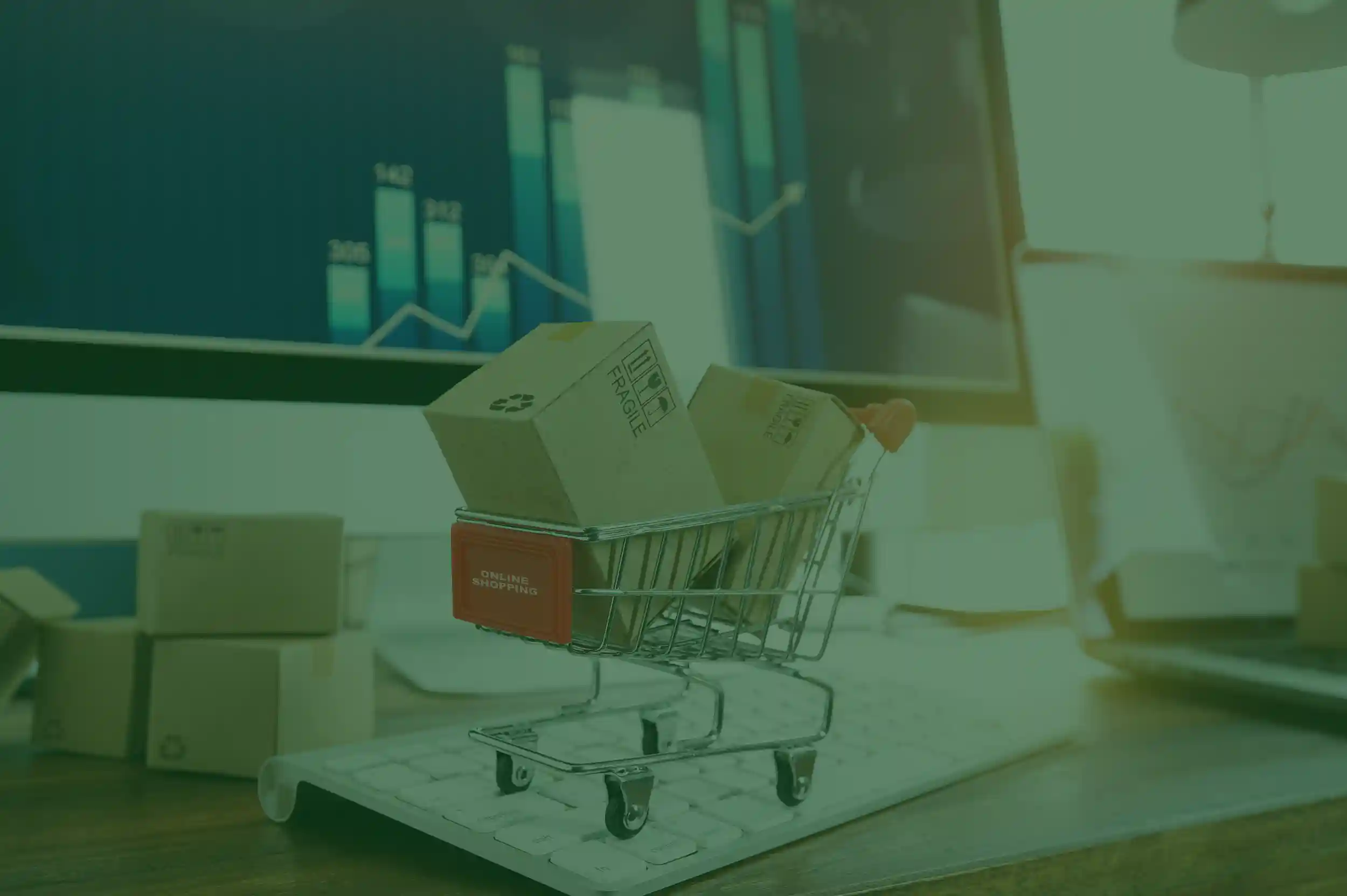 Online shopping cart and data analytics cart in the background