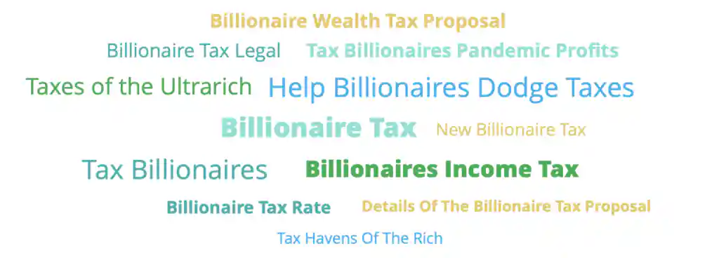 Most searched key words by a US Tax the Rich Audience include Billionaire Tax, Help Billionaires Dodge Taxes, Taxes of the Ultrarich and more.