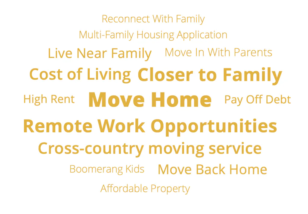 Principaux mots-clés exprimés par un public de déménageurs, y compris des termes tels que "déménager", "opportunités de travail à distance". 