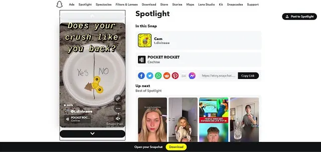 Captura de pantalla de Snapchat Stories Spotlight
