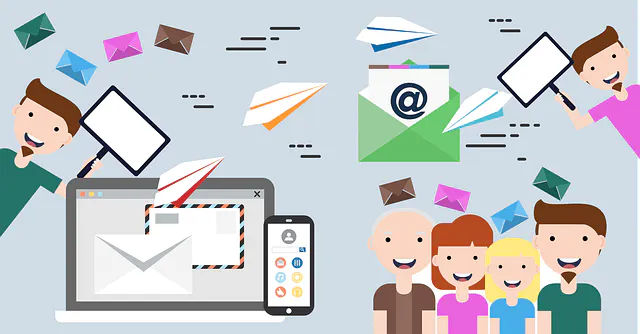 Ilustración vectorial de personas recibiendo correos electrónicos, ordenador portátil y tableta, y remitente del correo electrónico sosteniendo un cartel