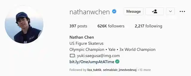 Nathan Chen Instagram profile blue tick 
