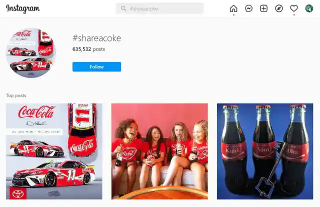 Screenshot of #shareacoke results on Instagram