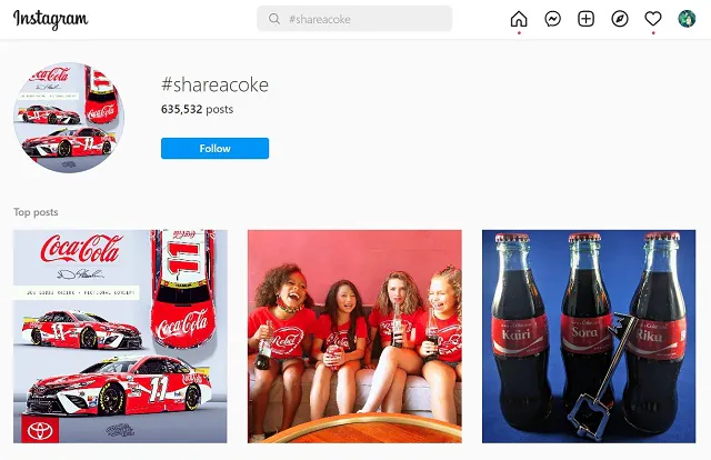 Captura de pantalla de los resultados de #shareacoke en Instagram