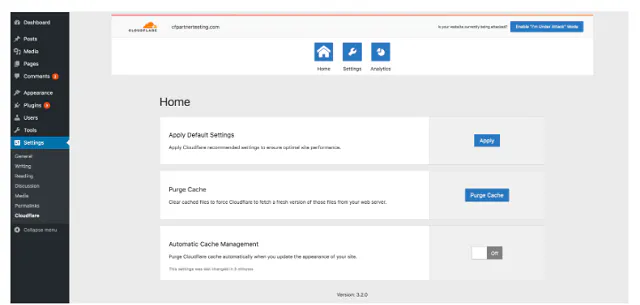 Screenshot Cloudflare WordPress Plugin