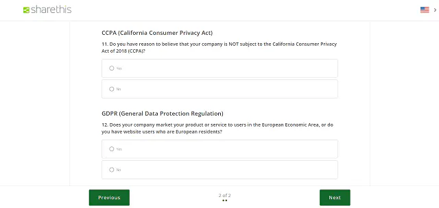 ShareThis Generatore di informativa sulla privacy schermata domande CCPA e GDPR