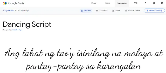 Captura de pantalla de Dancing Script de Google Fonts