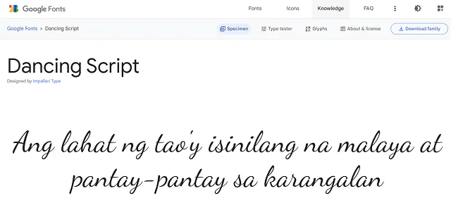 Screenshot di Dancing Script da Google Fonts