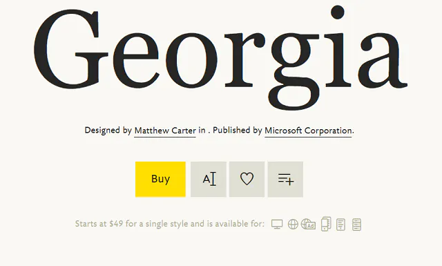 Captura de pantalla de la fuente Georgia en FontShop