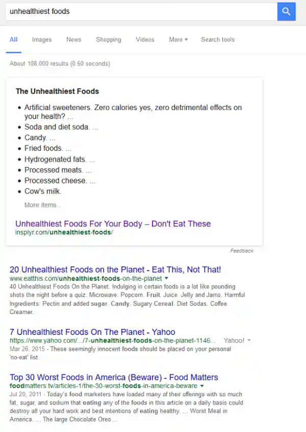 Unhealthiest foods screenshot from Google