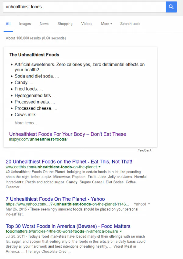 Capture d'écran de Google sur les aliments les plus malsains