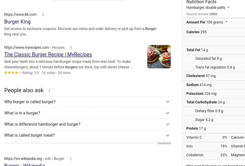 Captura de pantalla de la búsqueda en Google de Burger King con información nutricional